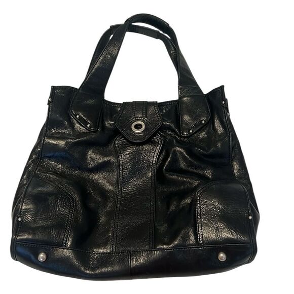 Perlina large black leather handbag 3 inside 1 outside zip pockets EUC - Picture 1 of 17